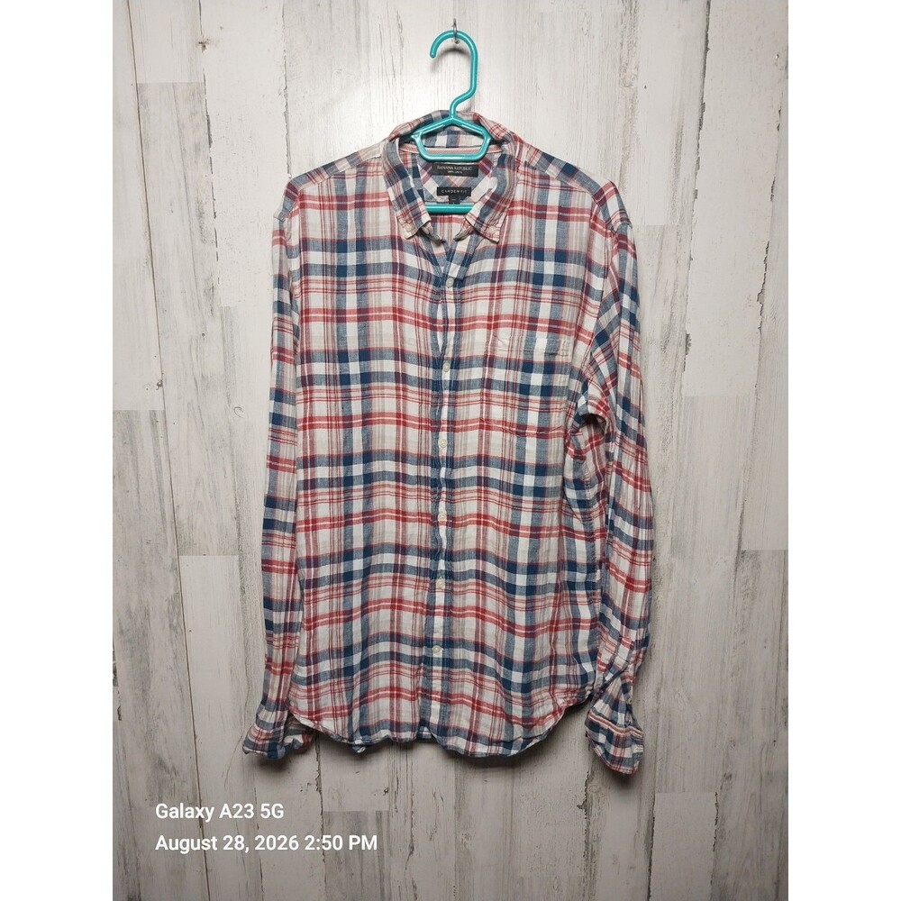 Banana Republic Mens Camden Fit 100% Linen LT L/S Shirt Red White Blue Plaid